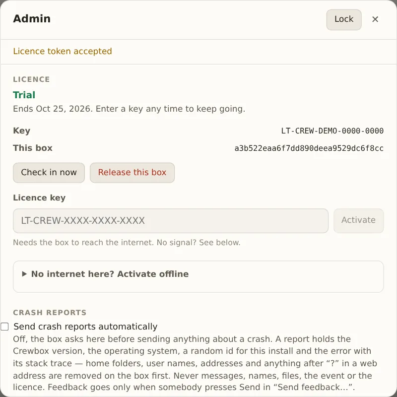 Admin, Licence, after activation: Trial, with the date it ends