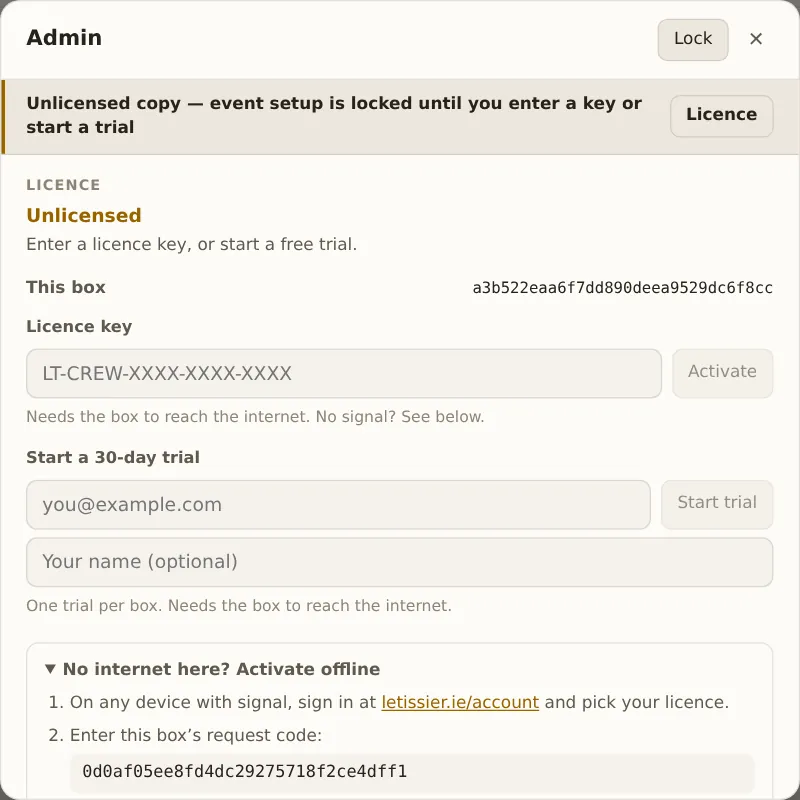 Admin, Licence: Unlicensed, with fields for a licence key and a trial, and the offline activation section