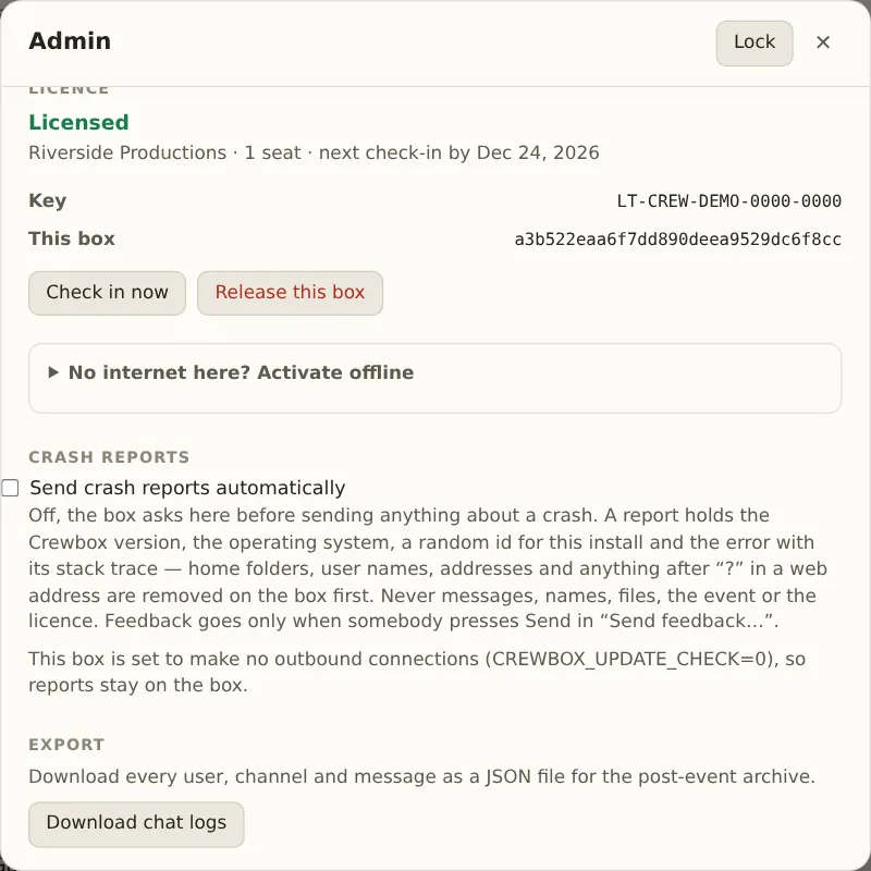 Admin: the Licence details, then Crash reports with Send crash reports automatically off and what a report holds, then Export with Download chat logs
