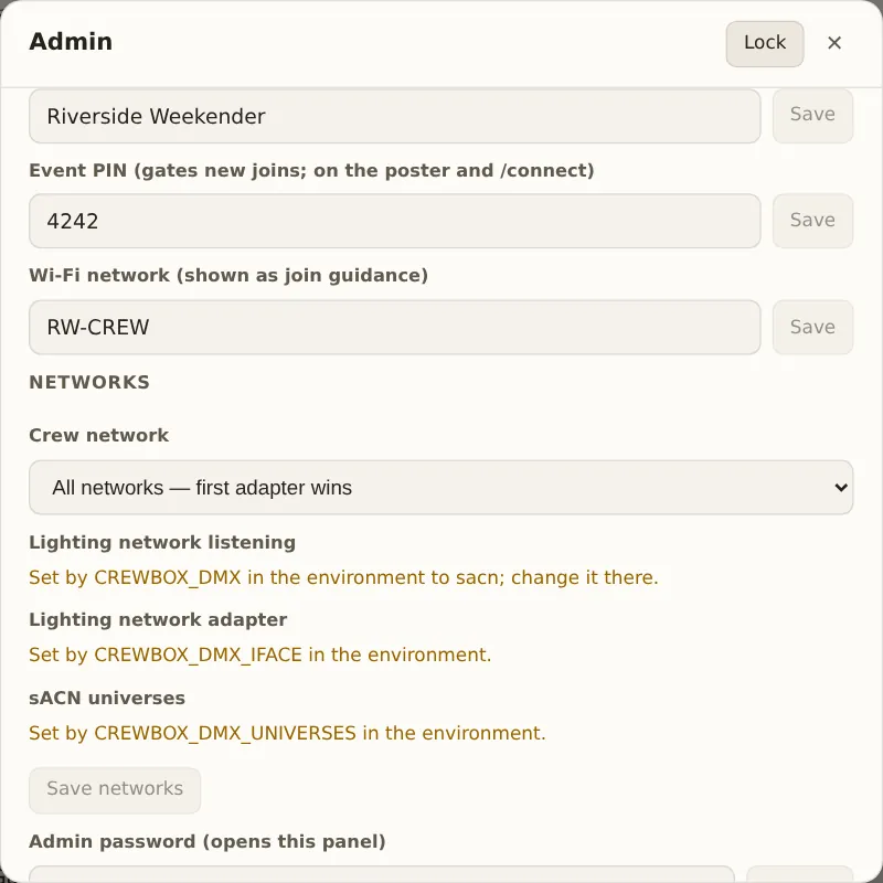 Admin, This box: event name, event PIN, Wi-Fi network and the Networks settings