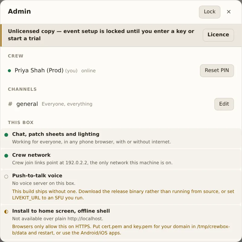 The admin panel on an unlicensed box: the Unlicensed copy banner with a Licence button, above Crew, Channels and This box