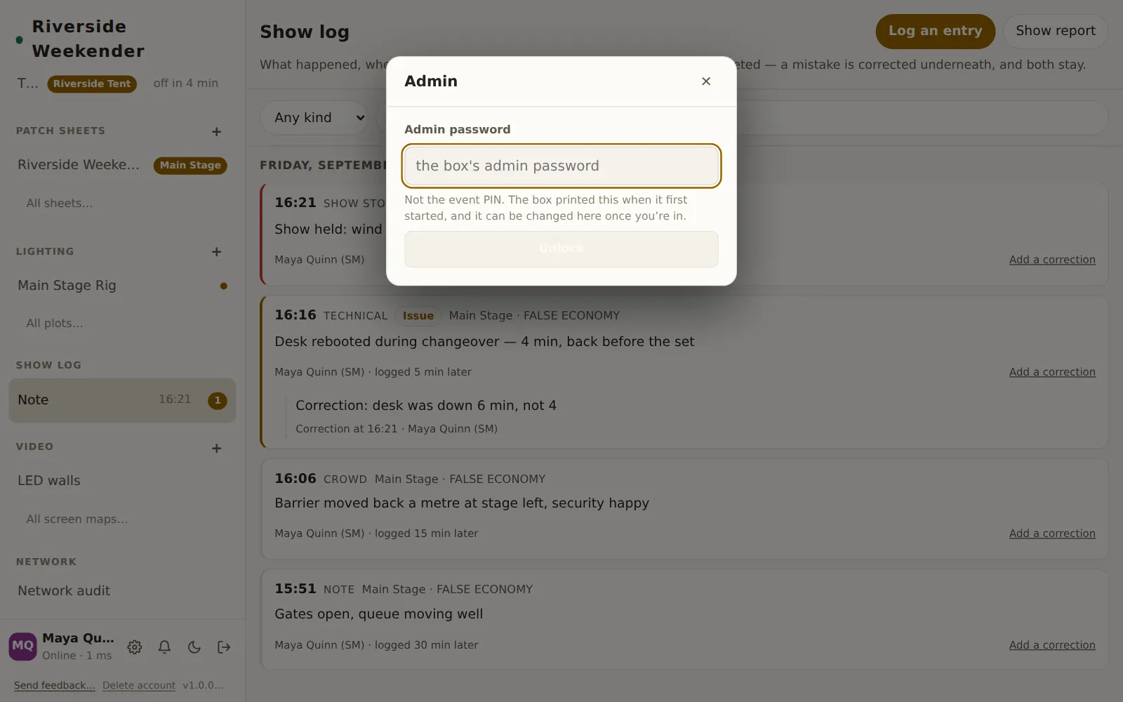 The Admin unlock dialog: Admin password field, the note Not the event PIN, and Unlock