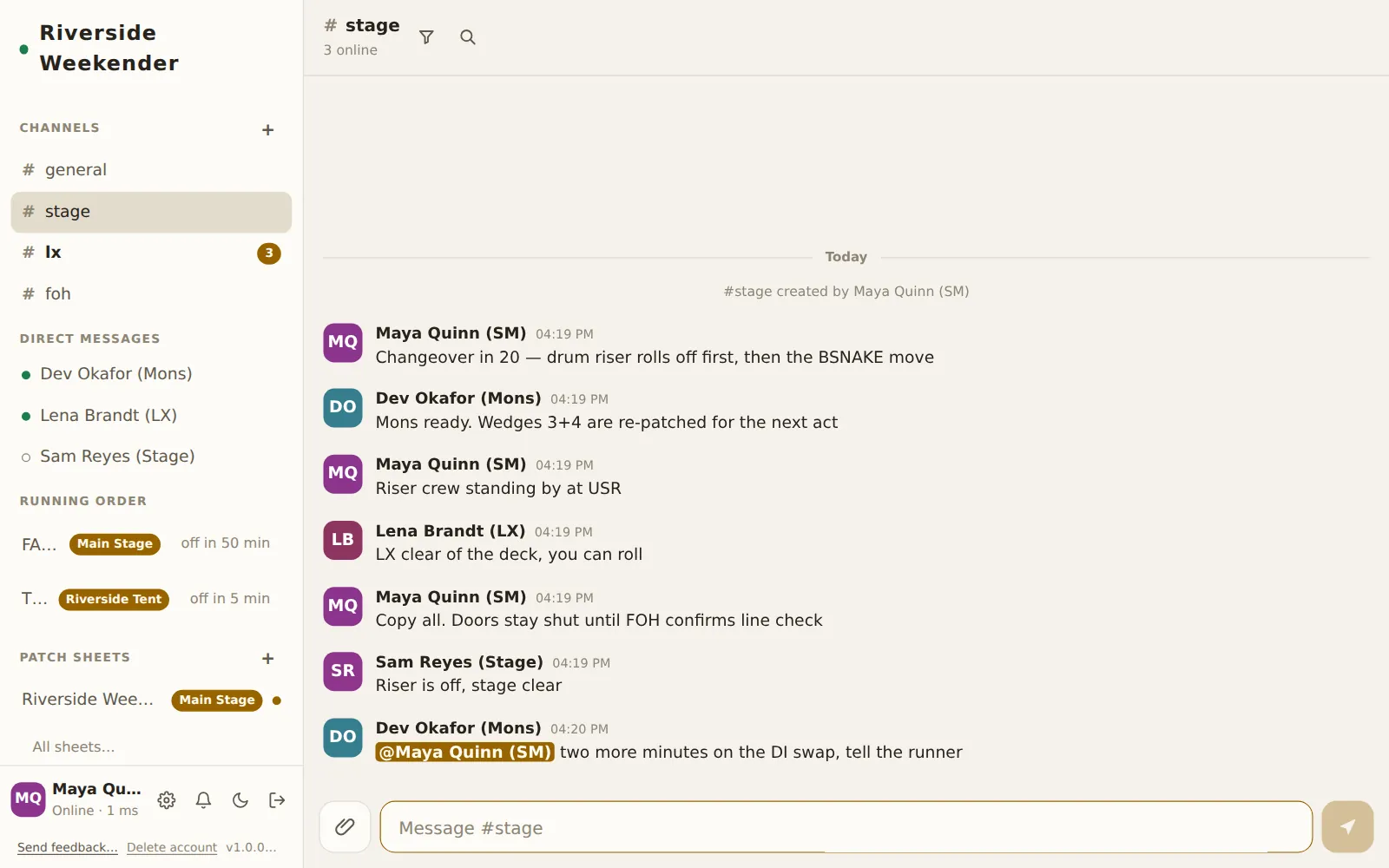The app on a laptop: the sidebar with channels, direct messages, running order and patch sheets, and #stage open on the right