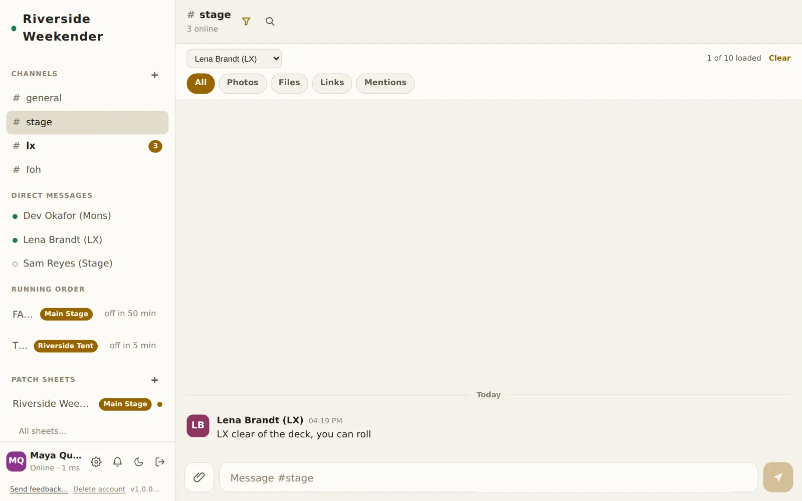 The filter bar set to one person, showing 1 of 10 loaded