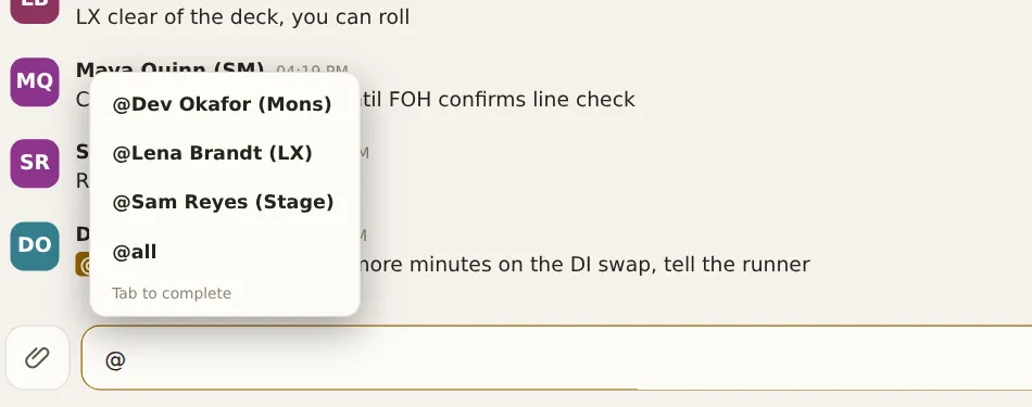 The mention picker above the composer: crew names and @all, with the hint Tab to complete