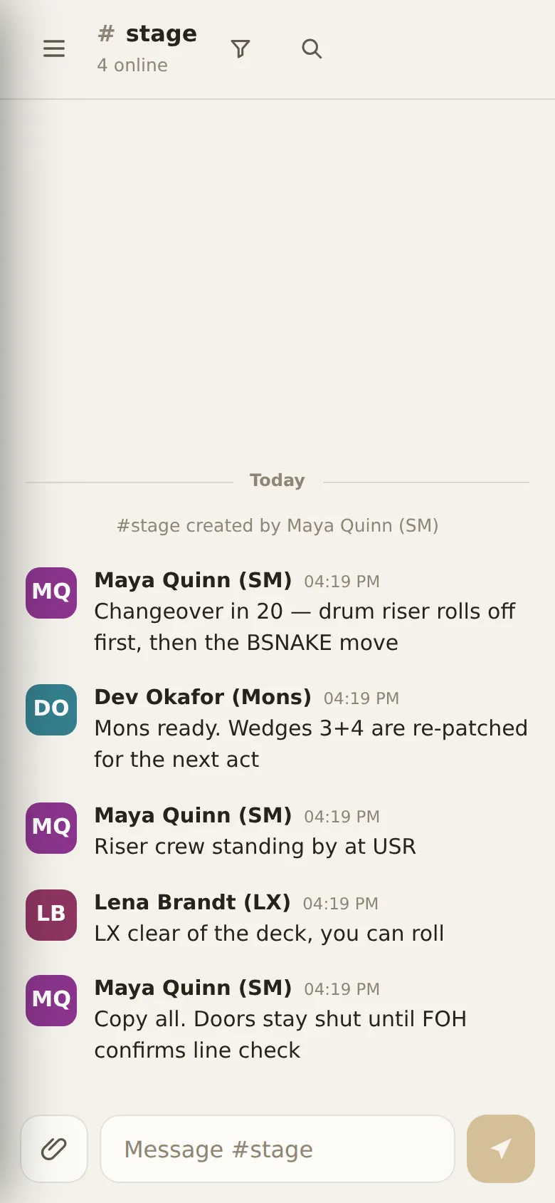 #stage on a phone: a changeover conversation between stage, monitors and lighting