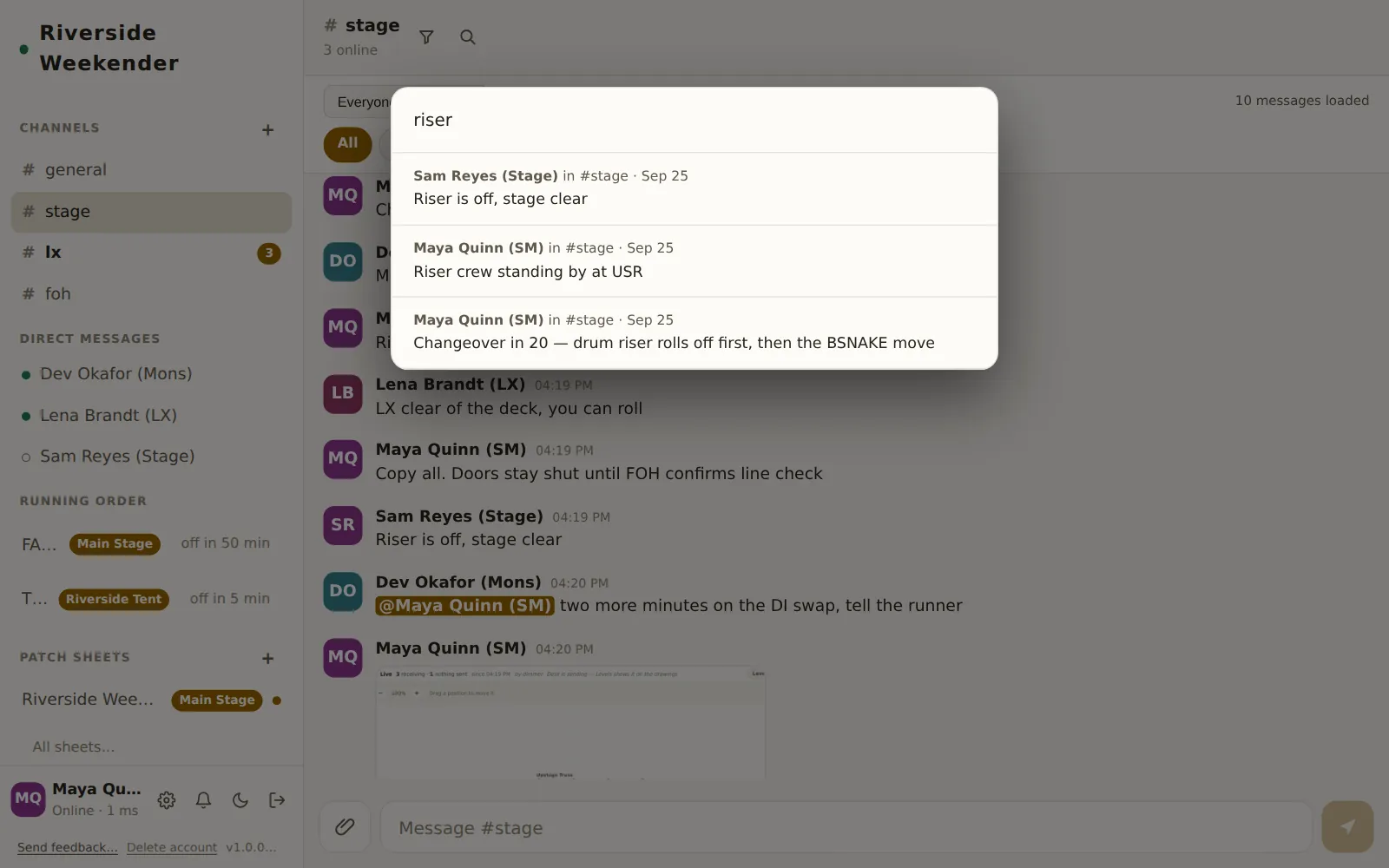 Search results for riser, each with author, channel and date