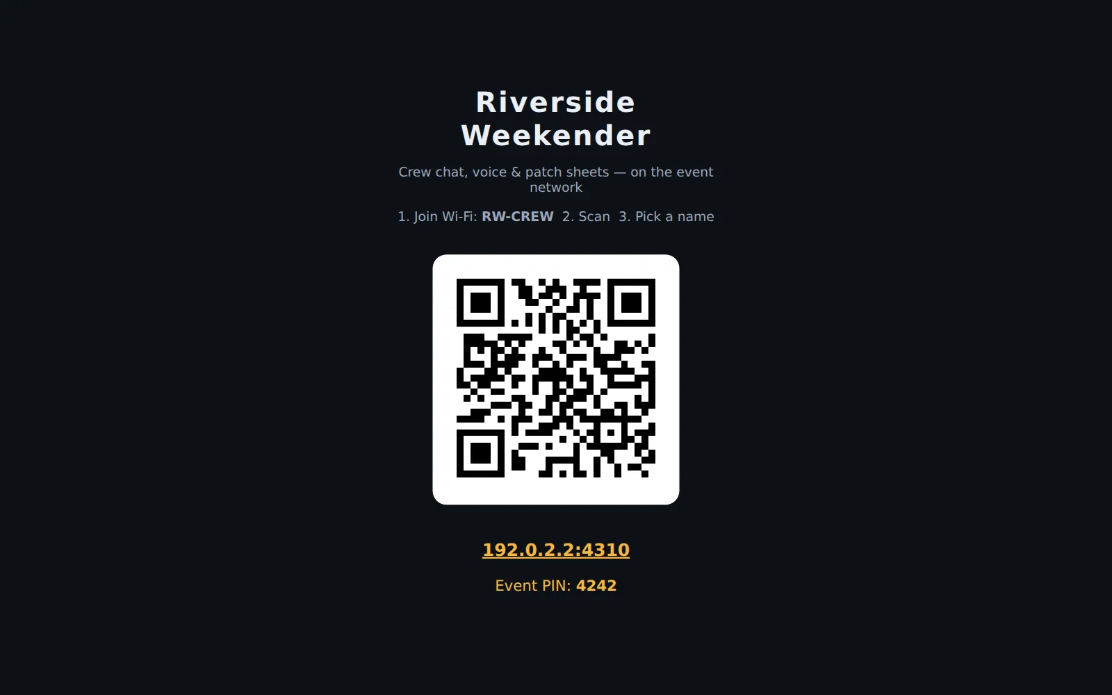 The /connect poster: event name, Join Wi-Fi RW-CREW, a QR code, the join address and the event PIN