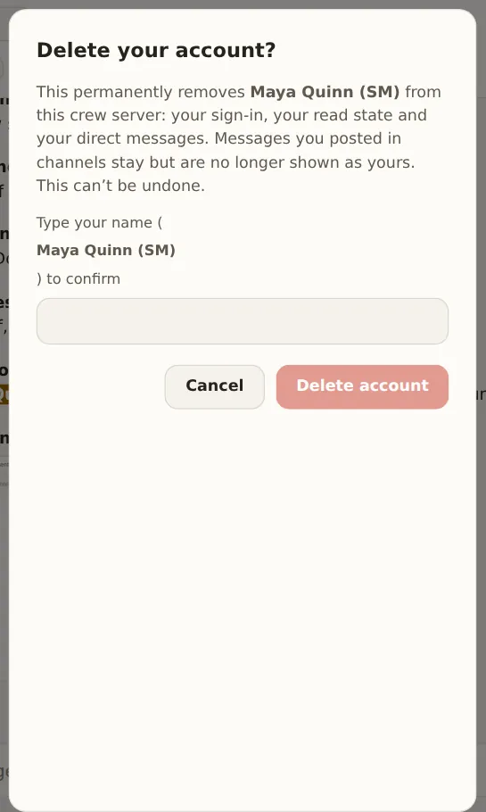 The Delete account dialog, asking you to type your name to confirm