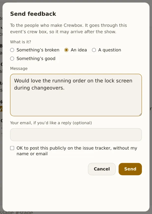 The Send feedback dialog: what is it, message, optional email, the public-posting tick box, and Cancel and Send