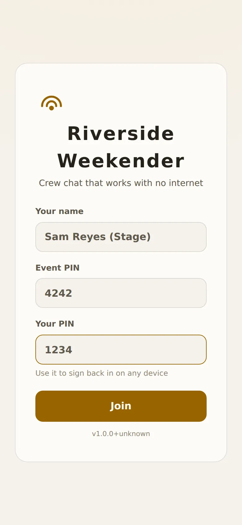 The join screen on a phone: Your name, Event PIN and Your PIN, with the Join button