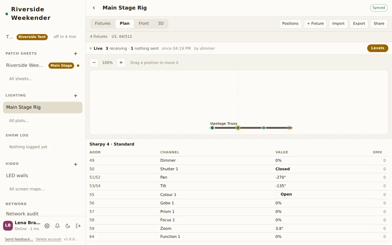 Levels on in the Plan tab: fixtures lit by the desk, and a selected fixture's channel readout below