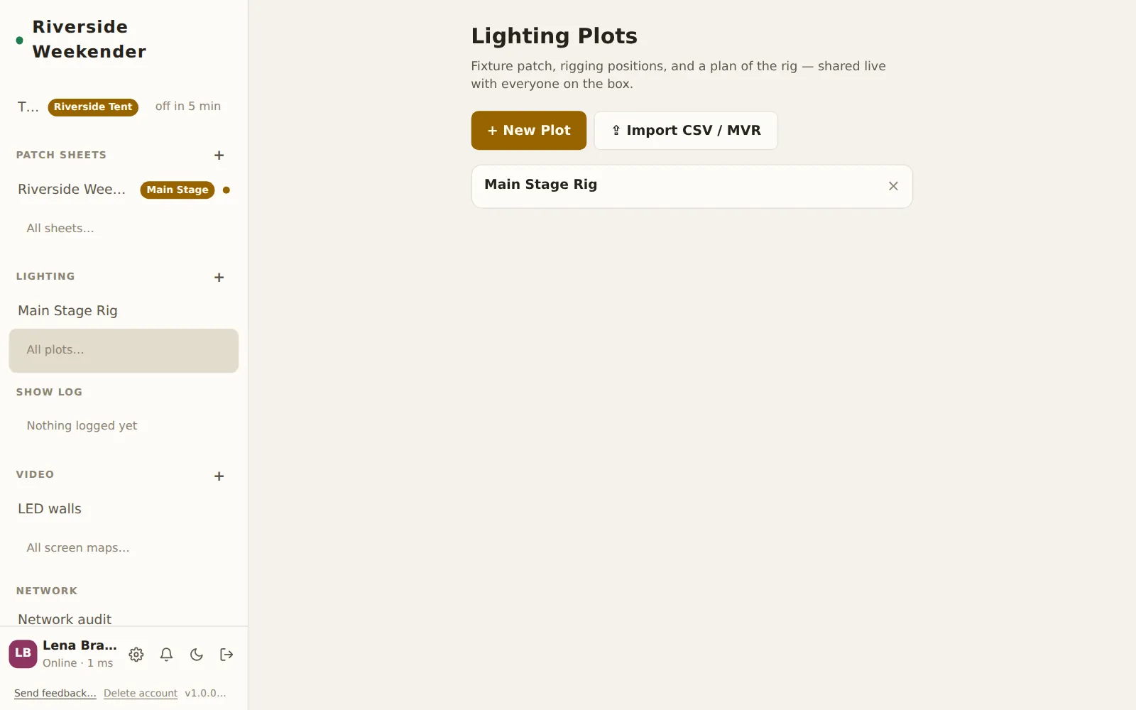 The Lighting Plots page with New Plot and Import CSV / MVR, and a card for Main Stage Rig