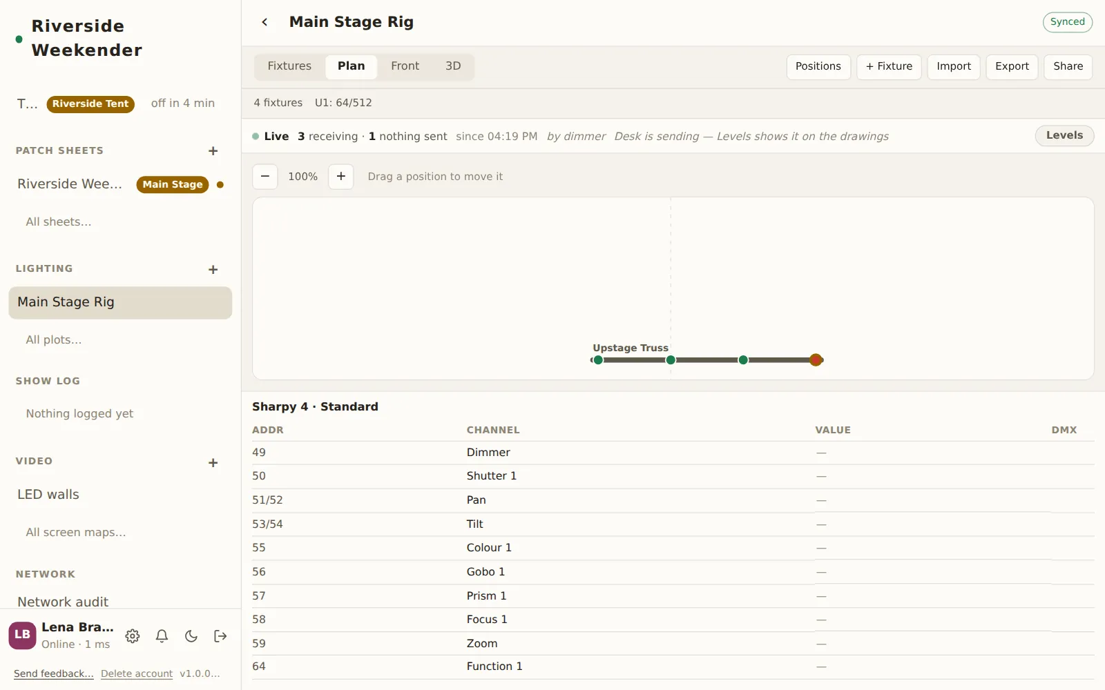 The Plan tab: the Upstage Truss with four fixtures, zoom controls and the hint Drag a position to move it