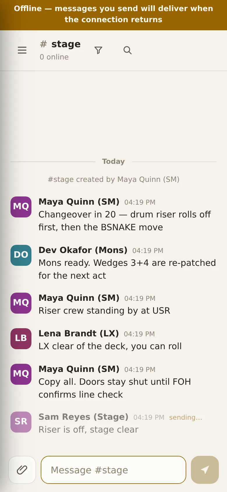 The Offline banner on a phone, with a message still being written