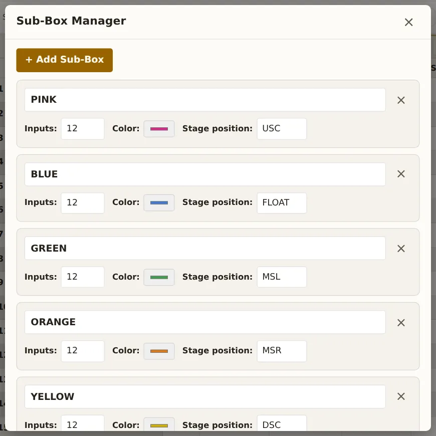 The sub-box manager: each box with its name, number of inputs, colour and stage position