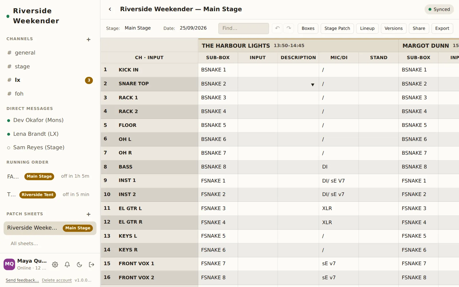 A patch sheet: toolbar, act headers with set times, and the grid