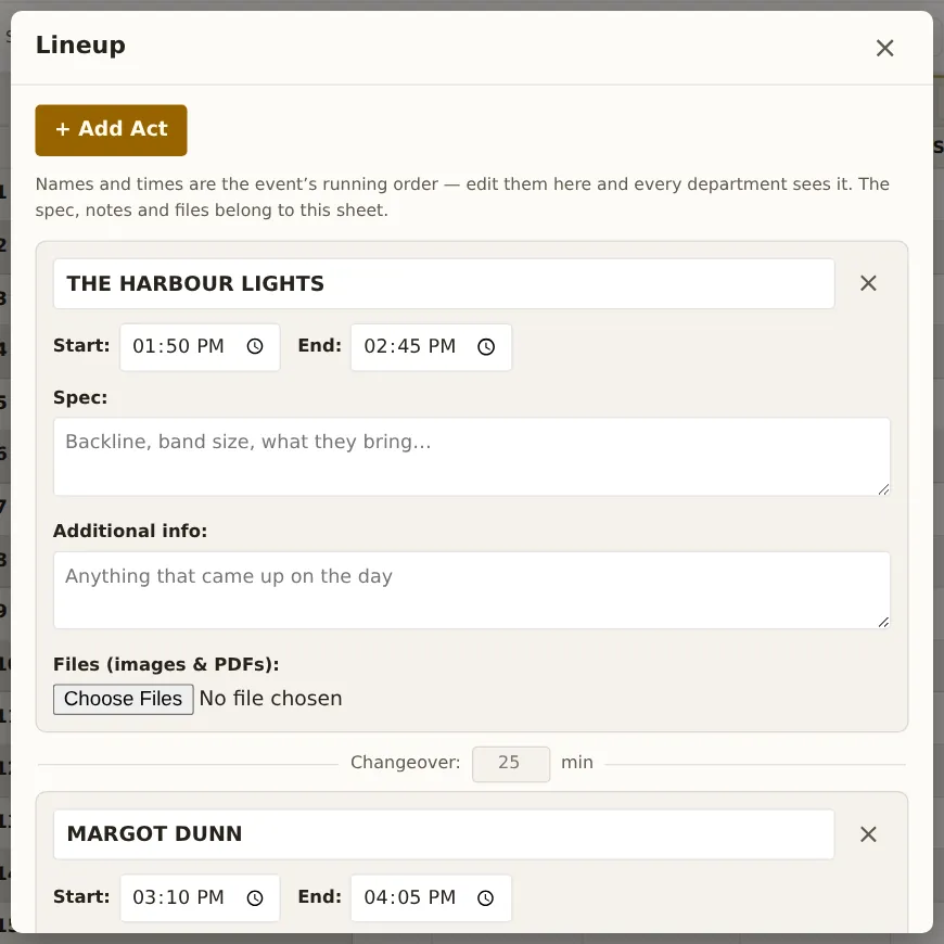 The lineup: an act with its start and end times, spec, additional info and files, and the changeover to the next act