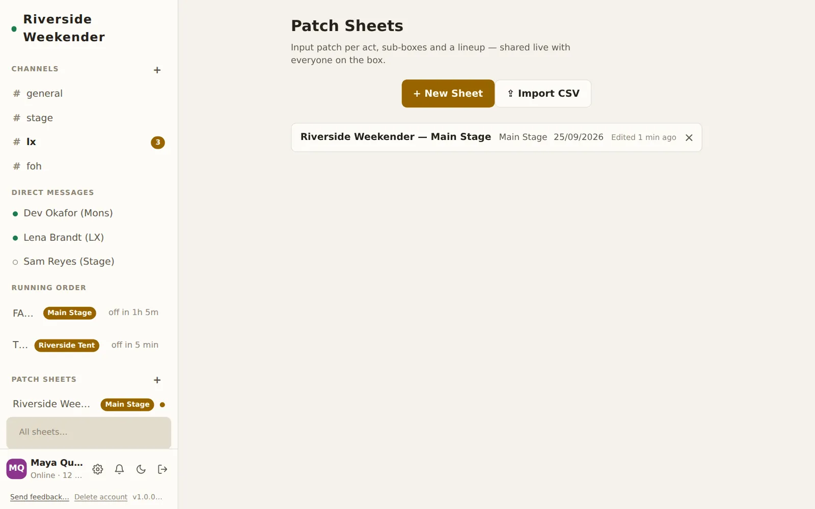 The Patch Sheets page: New Sheet and Import CSV buttons and a card for each sheet
