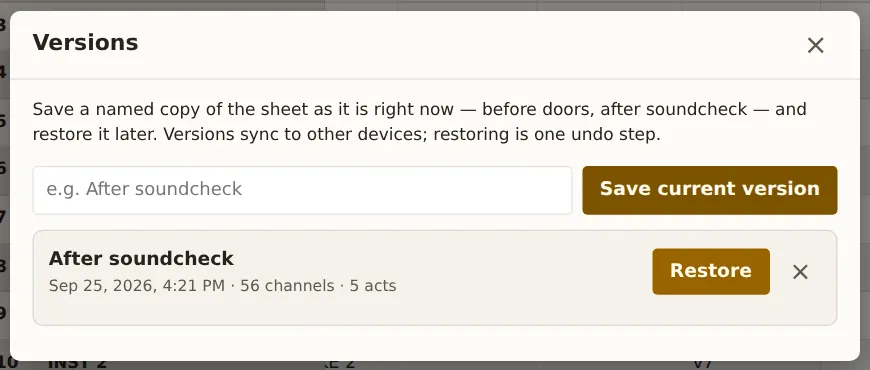 Versions: a name field, Save current version, and a saved version After soundcheck with its channel and act counts