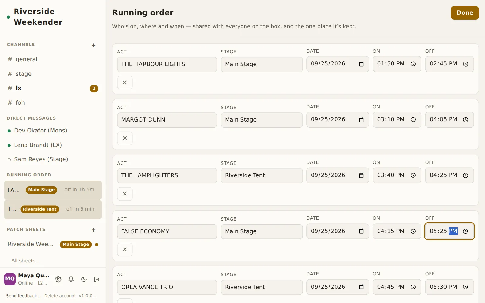 The running order editor: a row per act with Act, Stage, Date, On and Off fields and a remove button