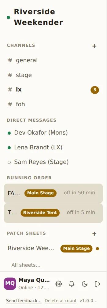 The sidebar's running order rows: FALSE ECONOMY on Main Stage, off in 1h 4m; THE LAMPLIGHTERS in the Riverside Tent, off in 4 min