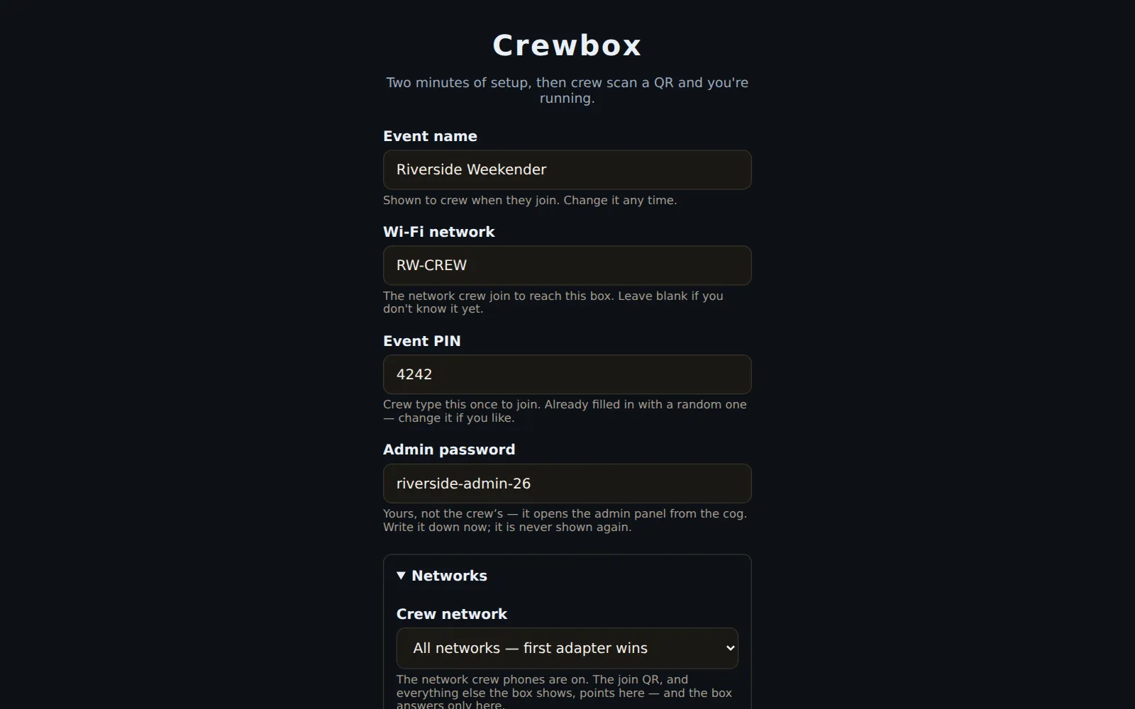The setup page on a licensed box: event name, Wi-Fi network, event PIN, admin password and Networks