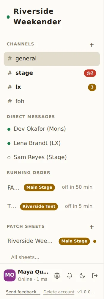 The sidebar: event name, channels with an unread badge, direct messages, running order, patch sheets, and your name row at the bottom