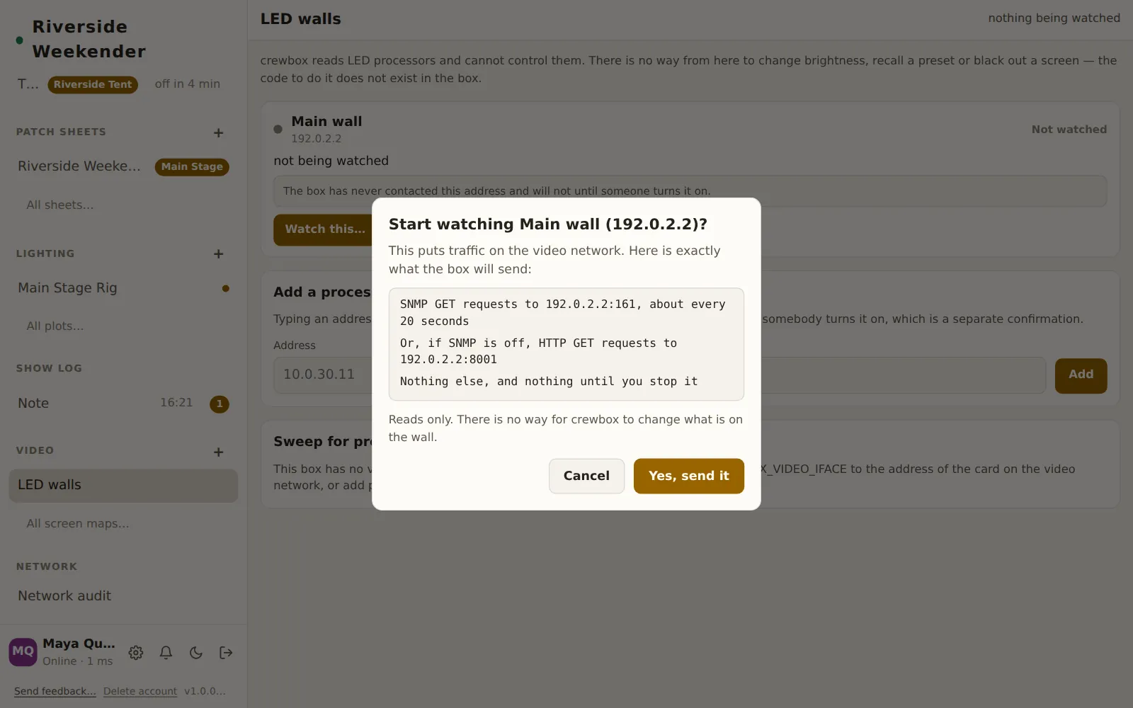 Start watching Main wall? The confirmation, listing the SNMP and HTTP requests the box will send, with Cancel and Yes, send it