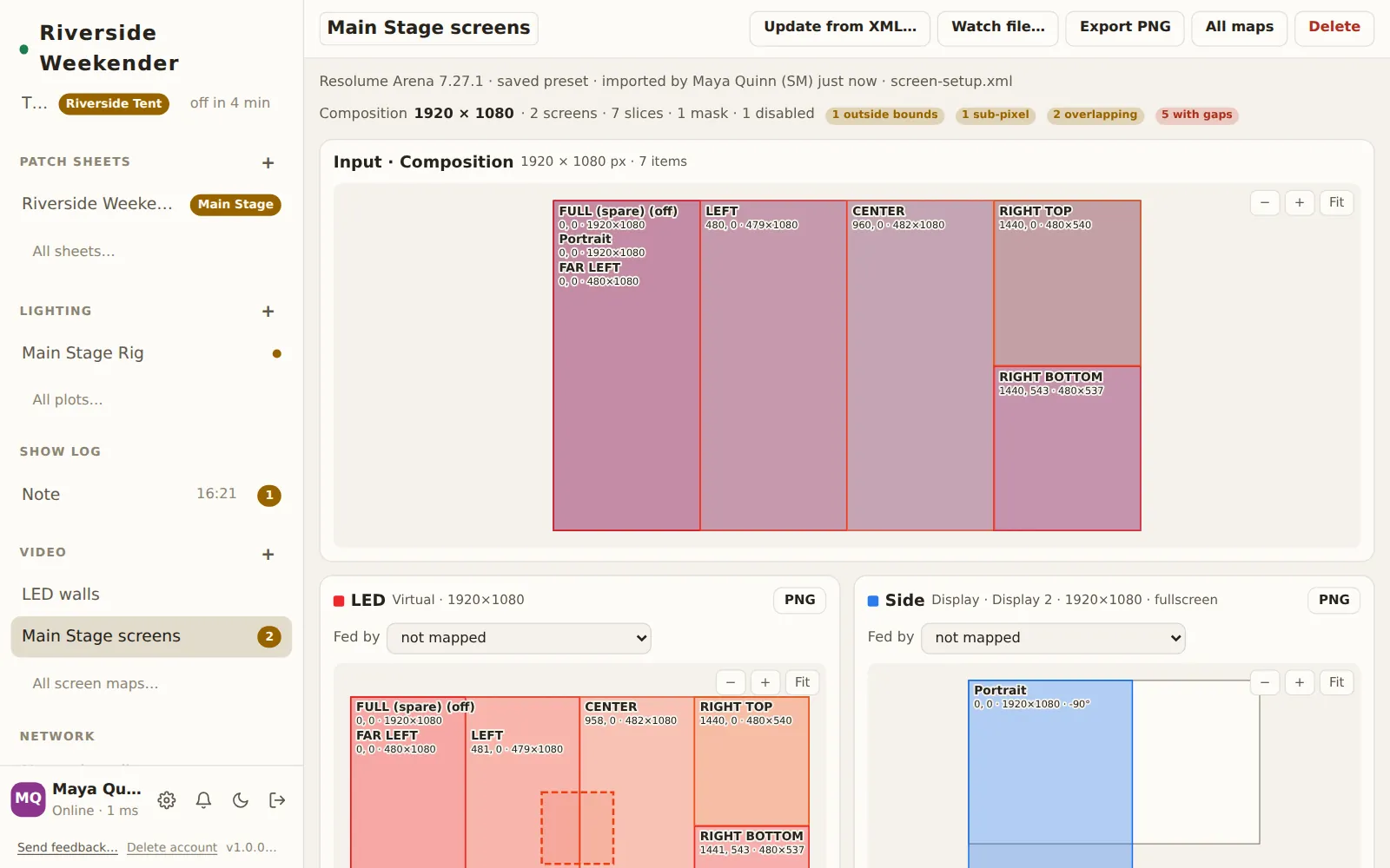 A screen map: the 1920 × 1080 composition with its slices, check chips for outside bounds, sub-pixel, overlapping and gaps, and a card per screen