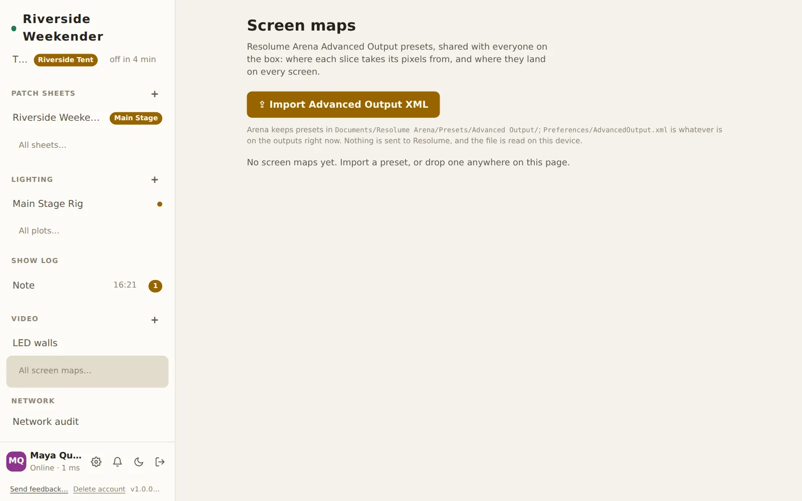 The Screen maps page before any import, with the Import Advanced Output XML button and where Arena keeps its presets
