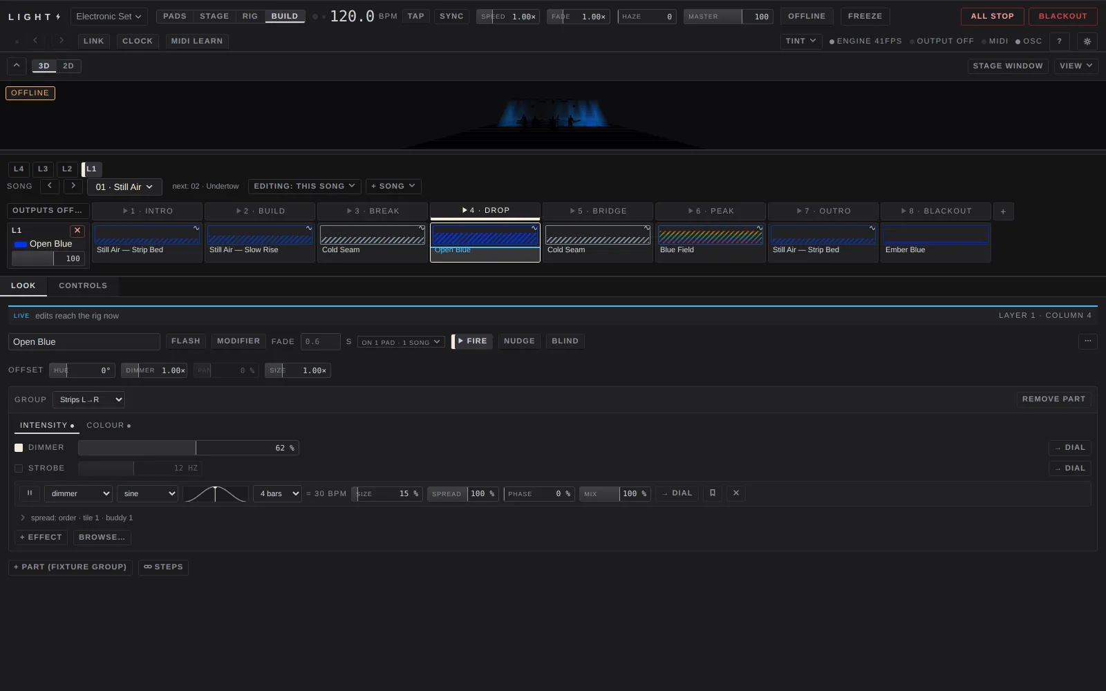 The Build view: top bar, stage view, one layer of pads, and the look editor below