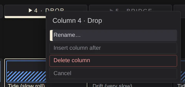 A column head's menu: rename, insert column after, delete column