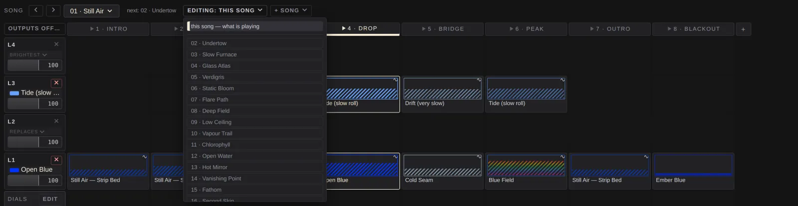 The editing menu listing every song, to build one that is not playing