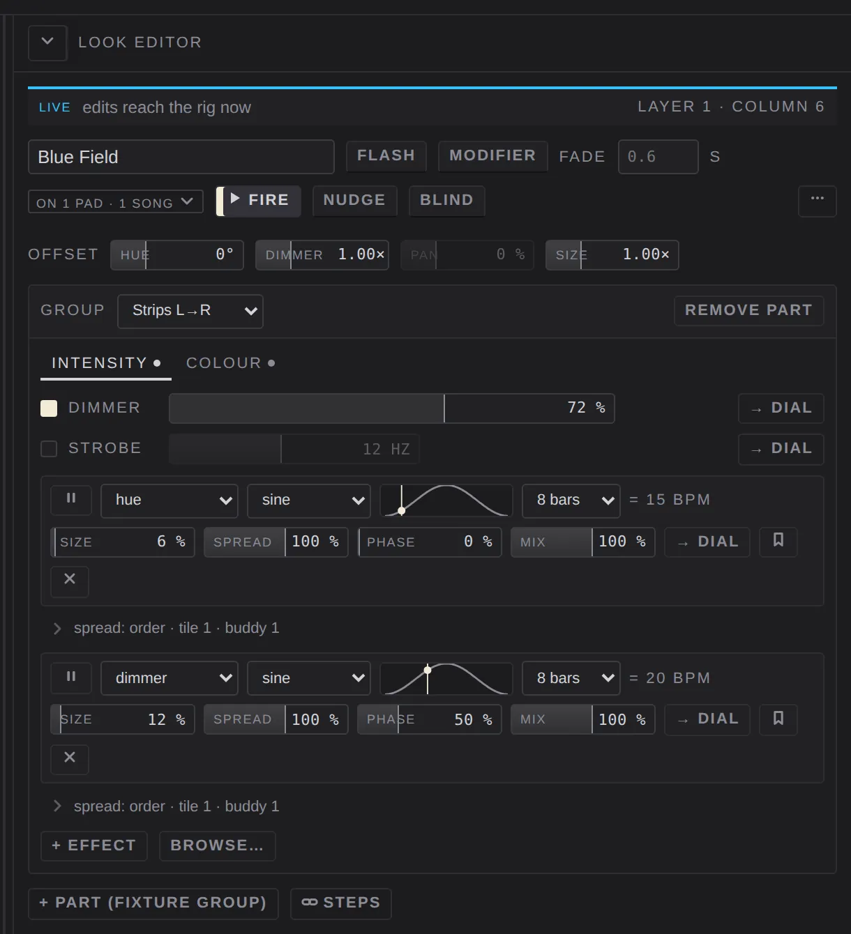 The look editor on a playing look: name, flash, modifier, fade, fire, nudge, blind, offsets, and one part with two effects