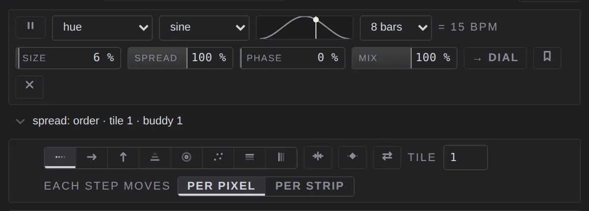 An effect row: park, target, wave, the wave strip, rate, size, spread, phase, mix, dial, save and remove, with the spread opened below