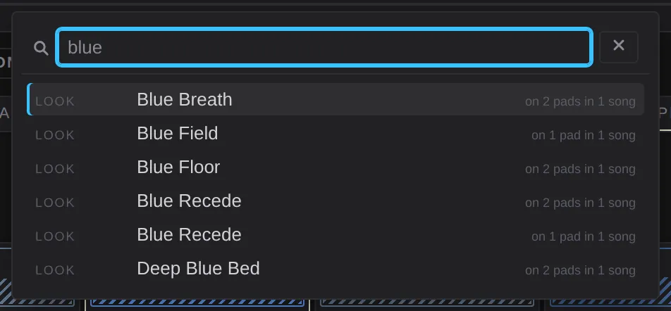 Find with blue typed, listing matching looks, songs and groups