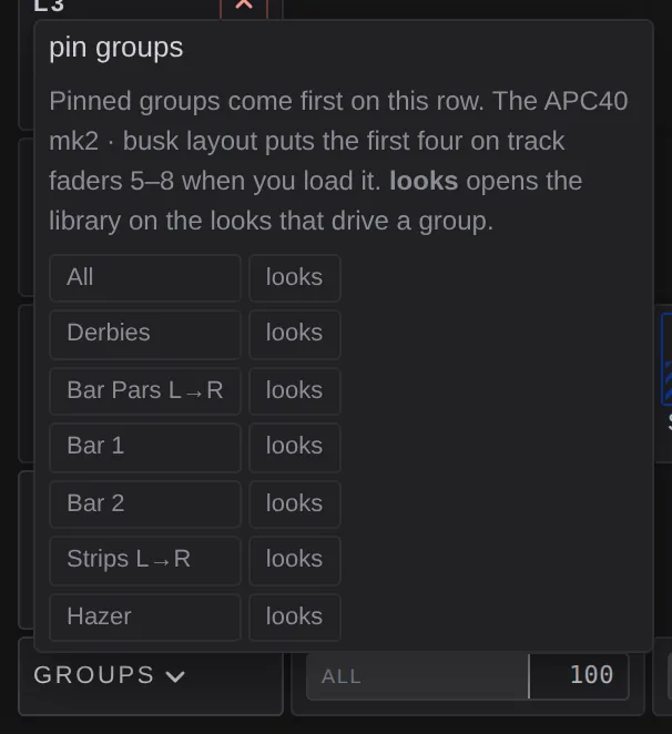 The pin groups menu with a looks button beside each group