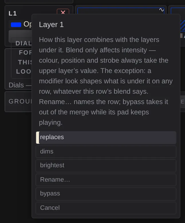 The layer menu: replaces, dims, brightest, rename, bypass