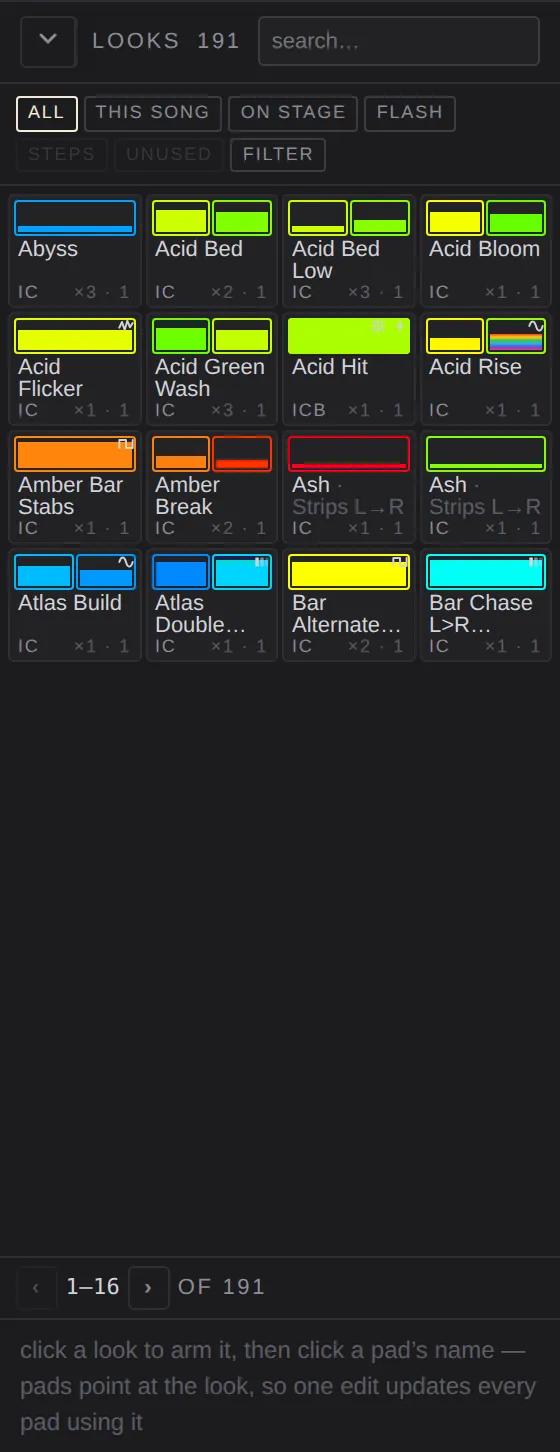 The look library: search, filter chips and a bank of sixteen tiles