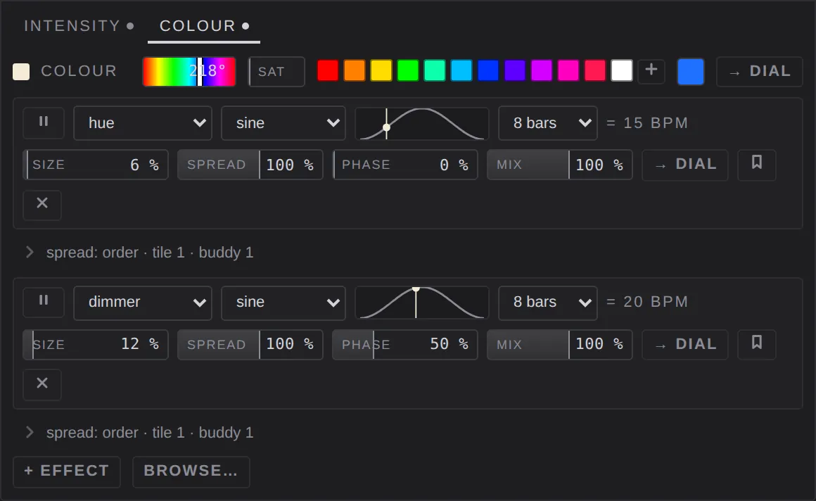 The colour tab: hue and saturation, the palette, and a hue effect