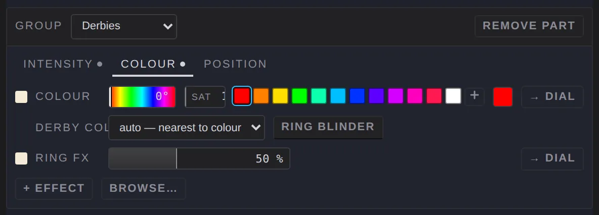 The colour tab for a derby: palette, derby colour, ring blinder, ring fx