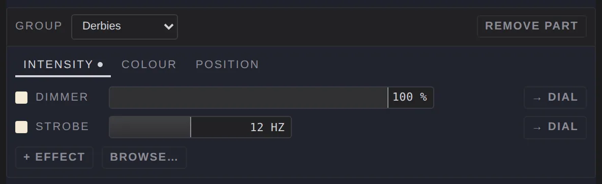 The intensity tab for a derby: dimmer and strobe