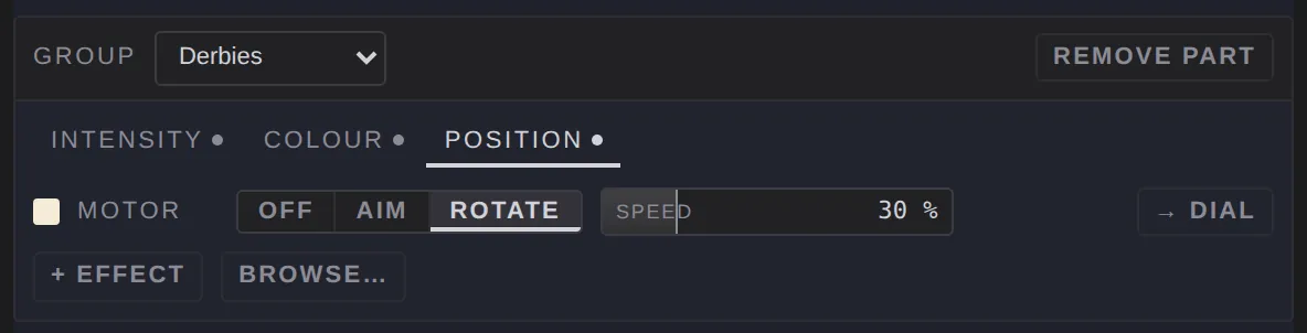 The position tab for a derby: motor off, aim or rotate