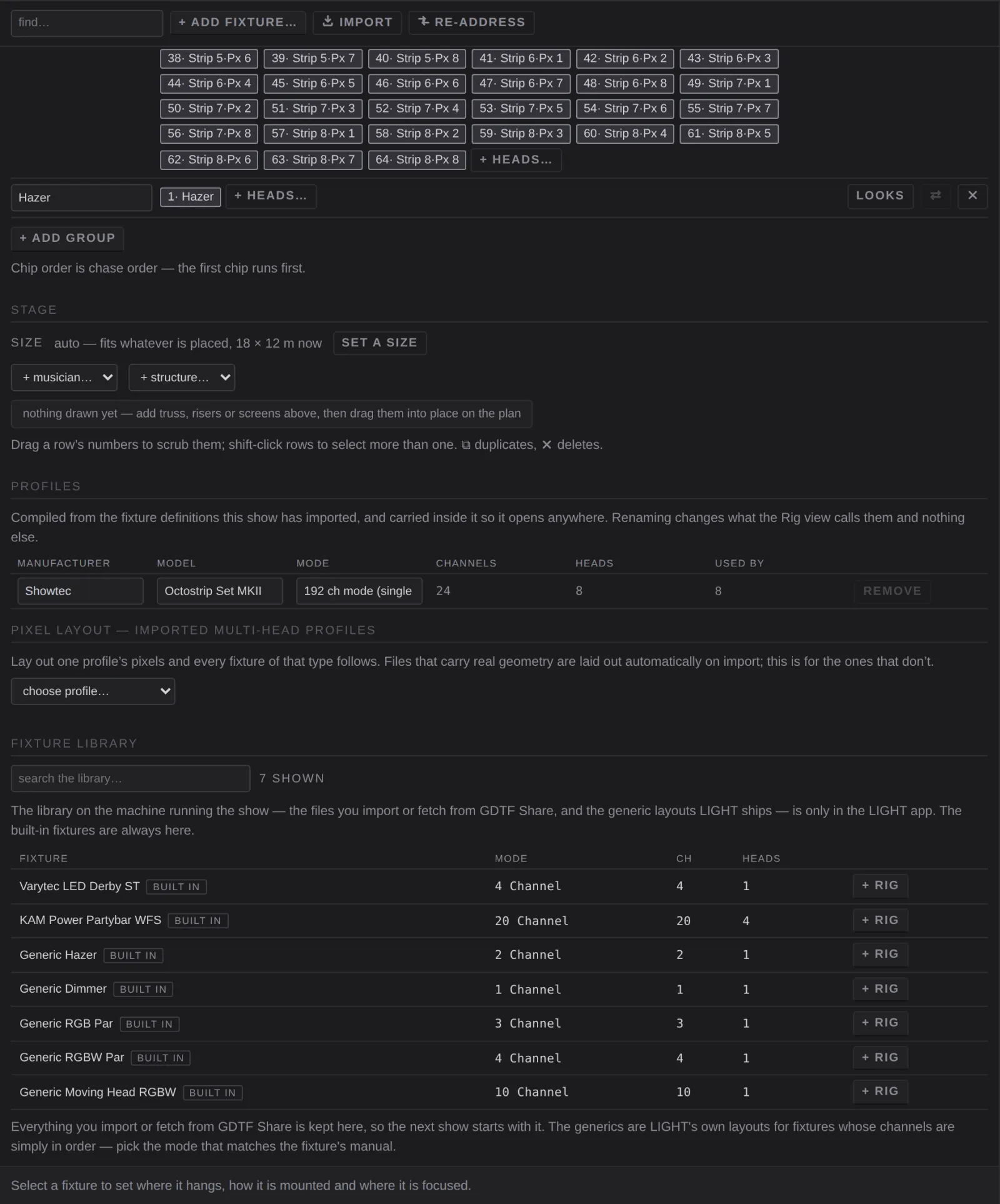 The stage, profiles, pixel layout and fixture library sections