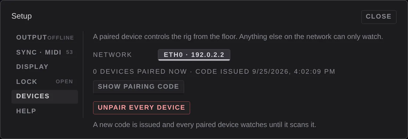 Settings, Devices: network choice, paired count, show pairing code and unpair every device