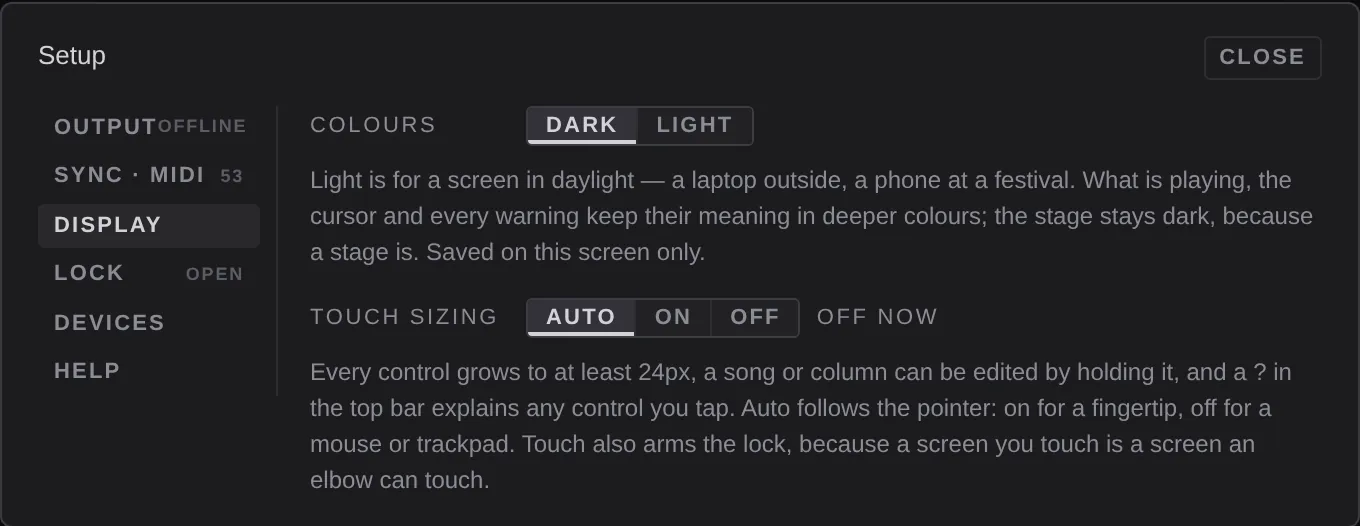 Settings, Display: colours and touch sizing