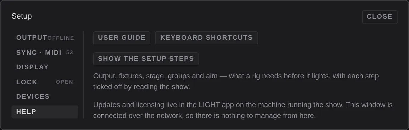 Settings, Help: user guide, keyboard shortcuts, send feedback, show the setup steps