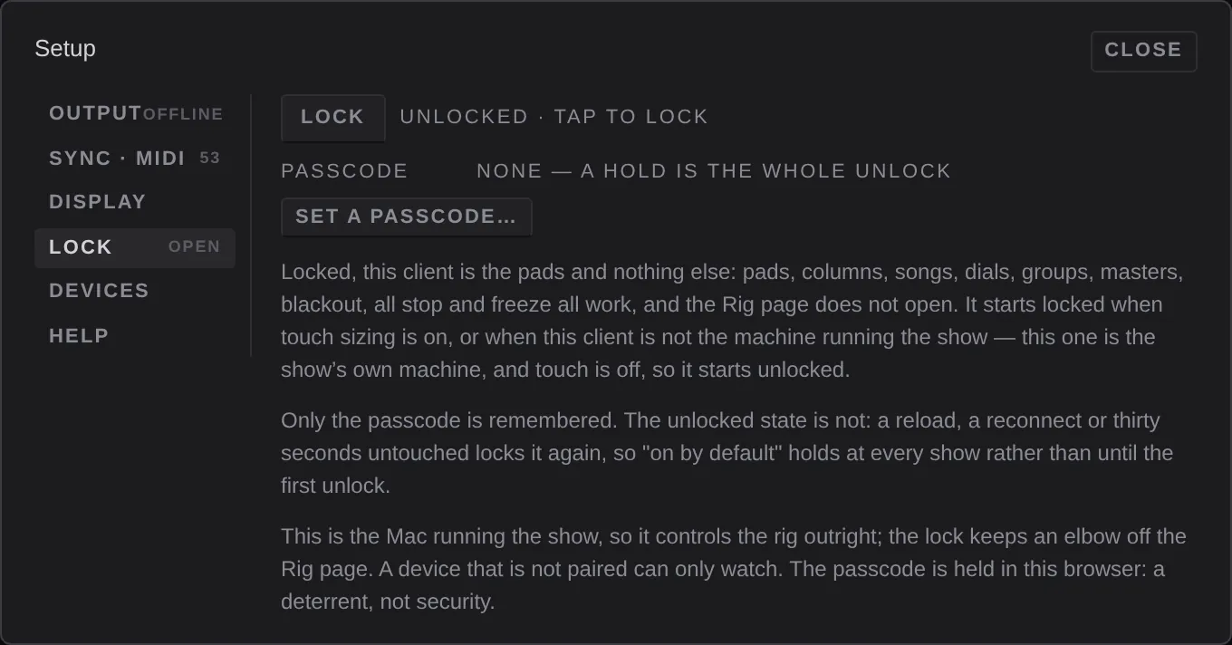 Settings, Lock: passcode and how the lock behaves