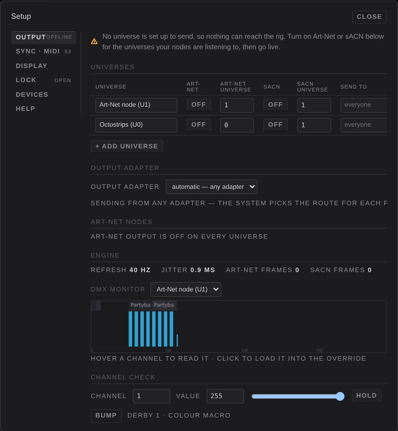Settings, Output: the universes table, output adapter, Art-Net nodes, engine stats, DMX monitor and channel check